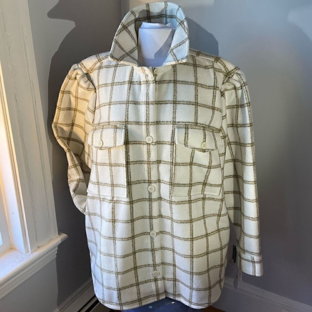 Treasure & Bond Plaid Puff Sleeve Jacket, Ivory Carsonpane. Large. Nwt — image 4 of 8